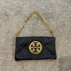 Tory Burch Black and Gold Quilted Clutch